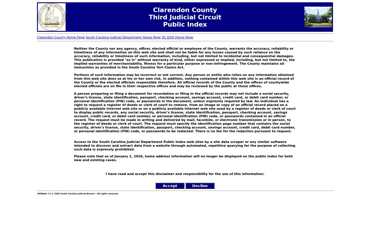 Clarendon County warrant search reference showing the official Public Index acceptance screen