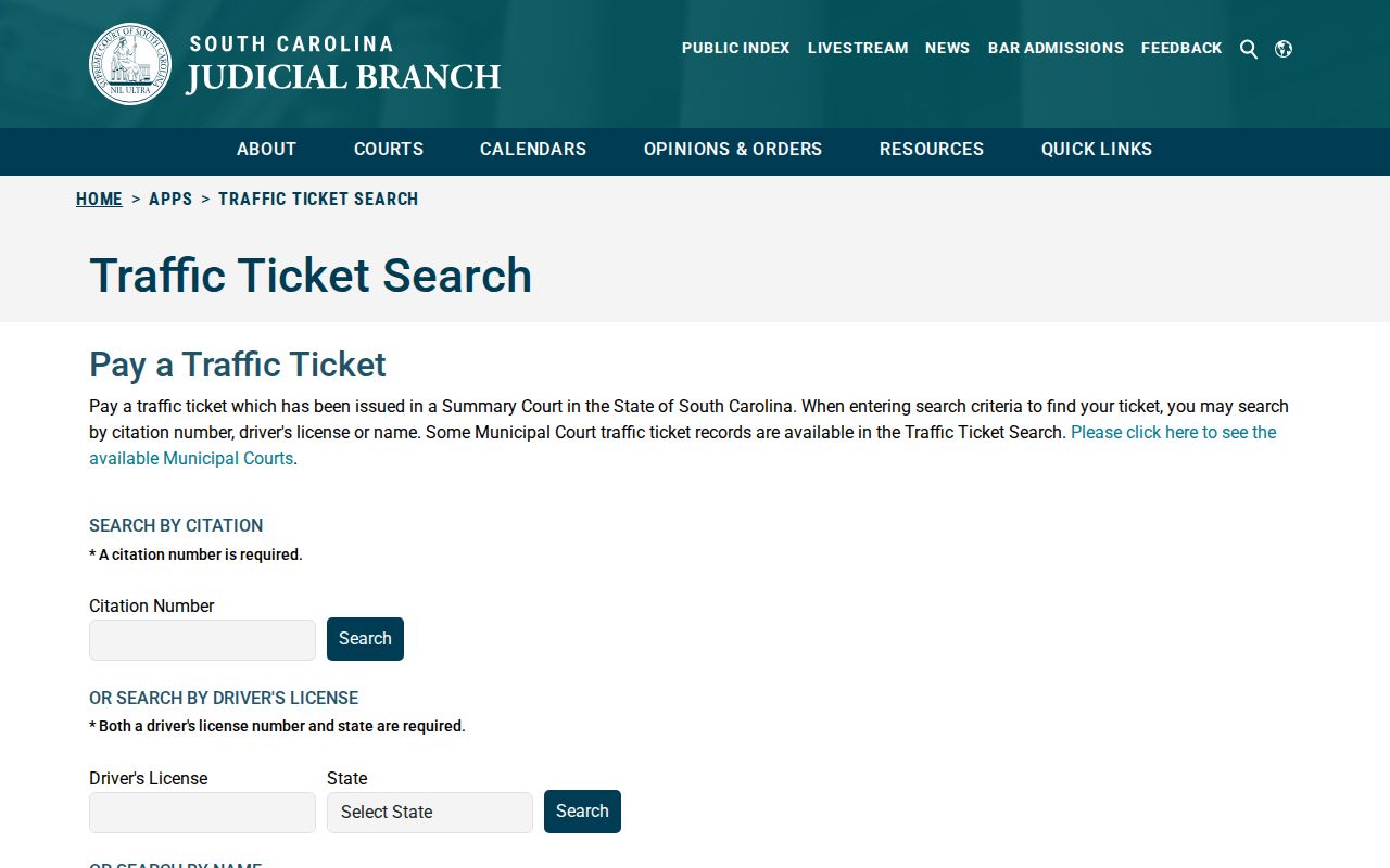 Clarendon County traffic warrant reference showing official ticket search routes