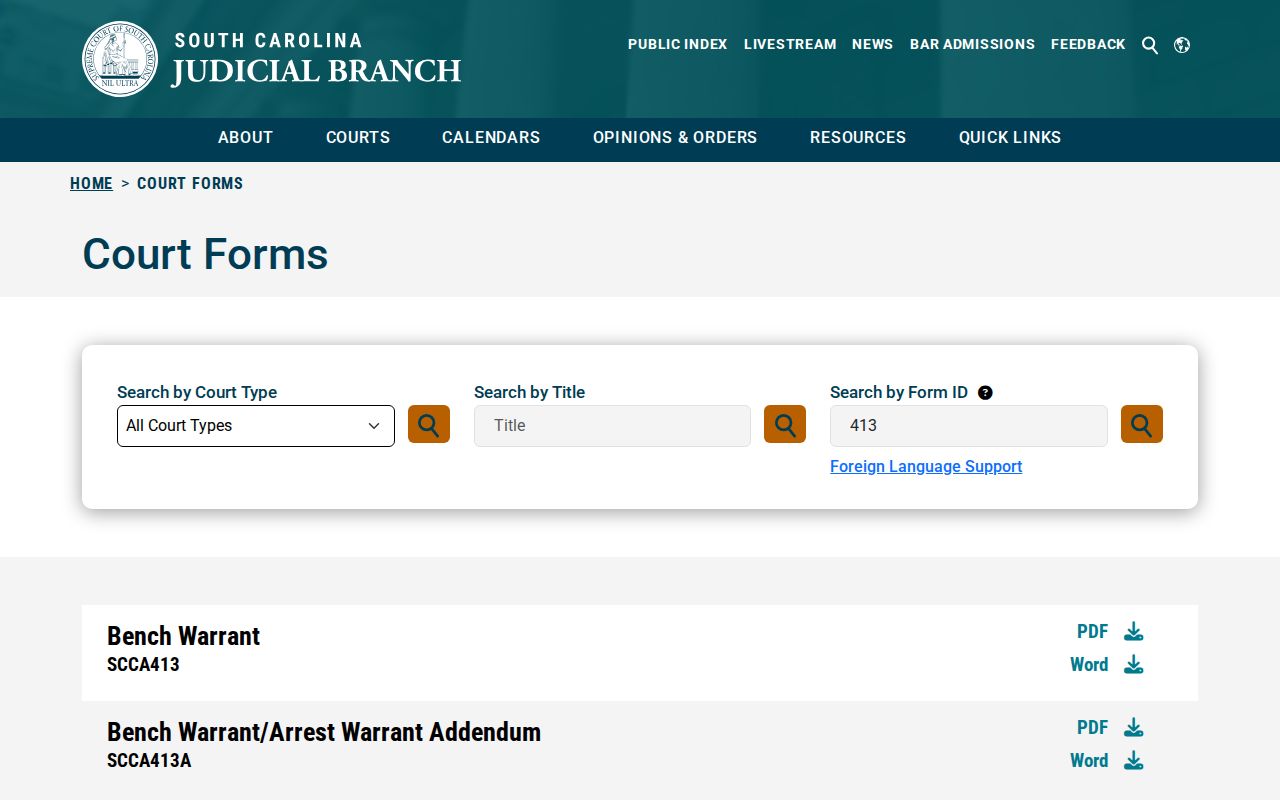 Clarendon County bench warrant reference to the South Carolina court forms index