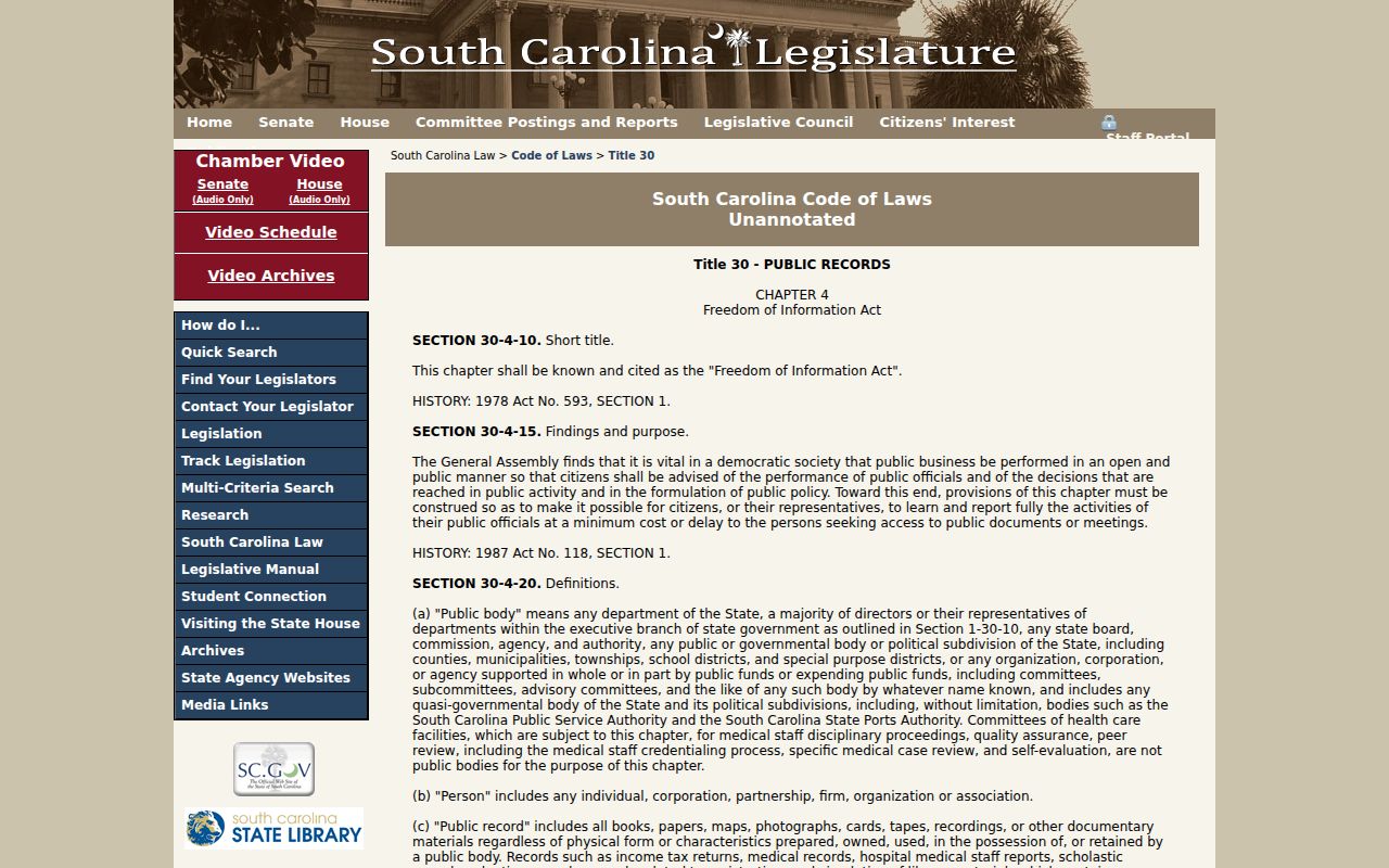 South Carolina Freedom of Information Act right to inspect public records