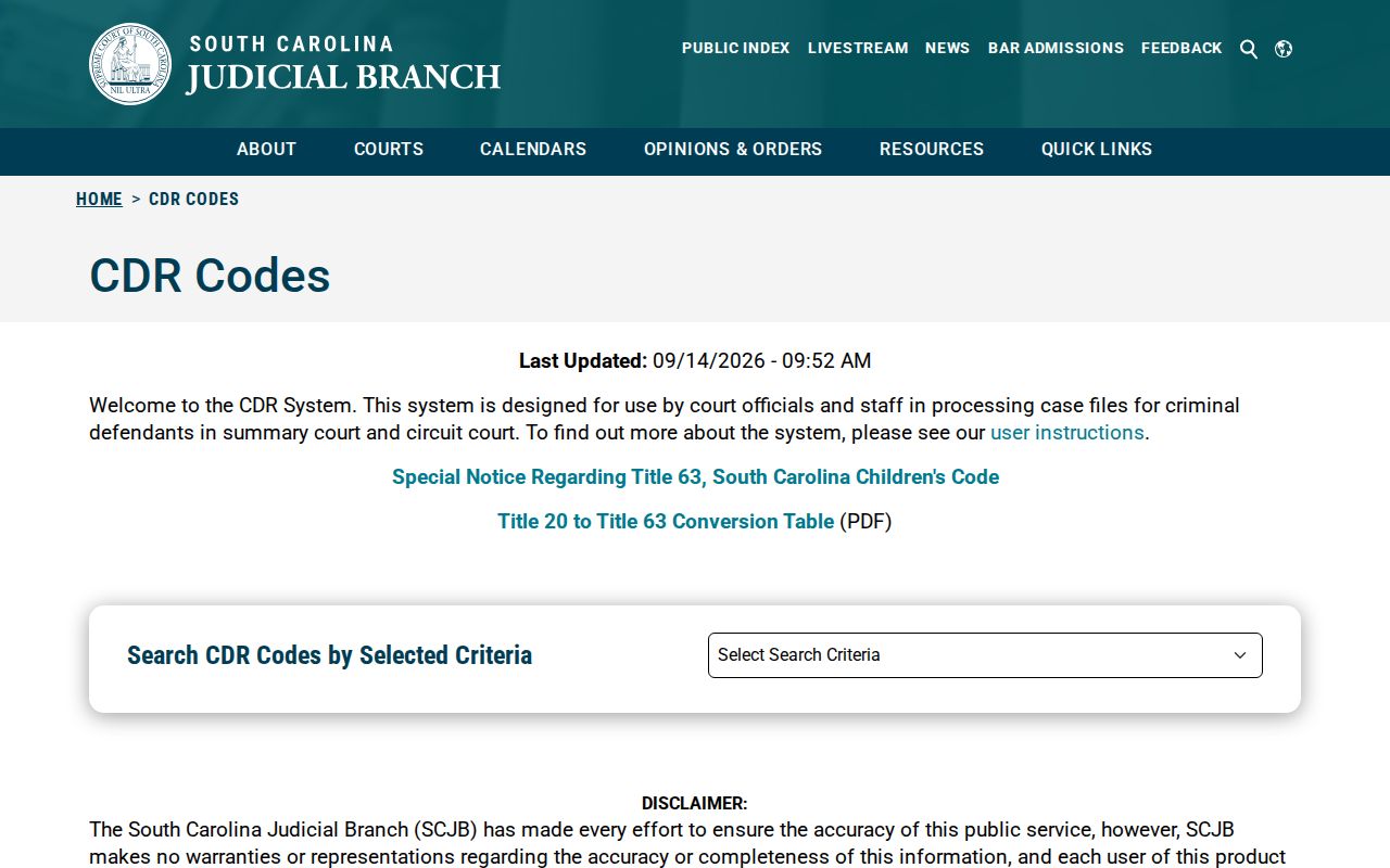 South Carolina court offense-code search fields and status controls