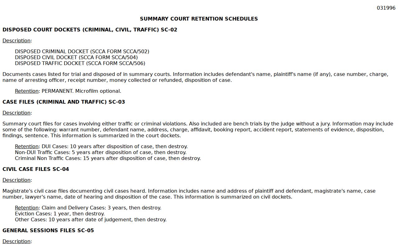 Clarendon County traffic warrant reference to official traffic-ticket and warrant-log retention guidance
