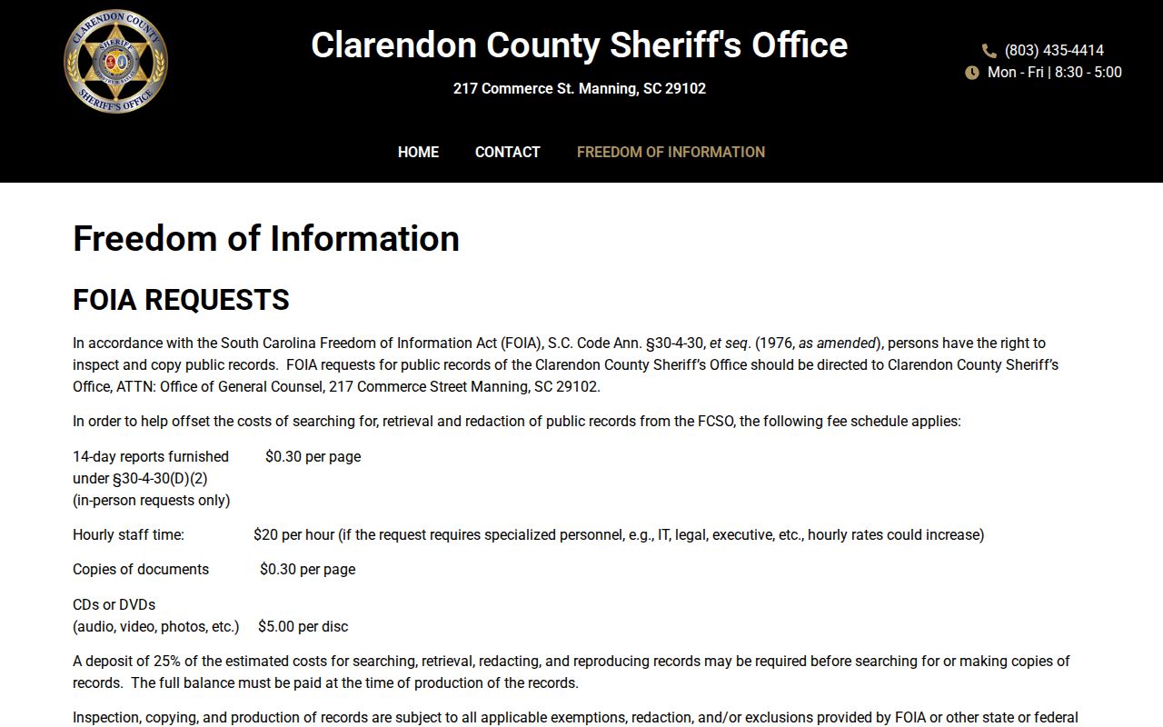 Clarendon County warrant search reference to Sheriff Office FOIA request instructions