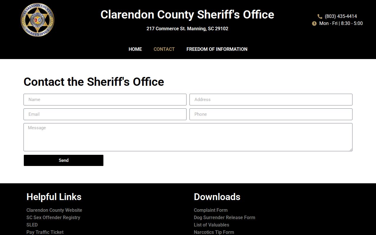 Clarendon County warrant records reference to the Sheriff's official contact form